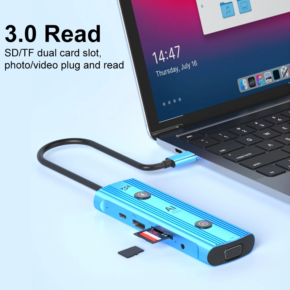 محول AI متعدد المنافذ مع منافذ USB 3.0 وPD 3.0 USB C Splitter USB C Dongle لأجهزة الكمبيوتر المحمول وسطح المكتب والمزيد