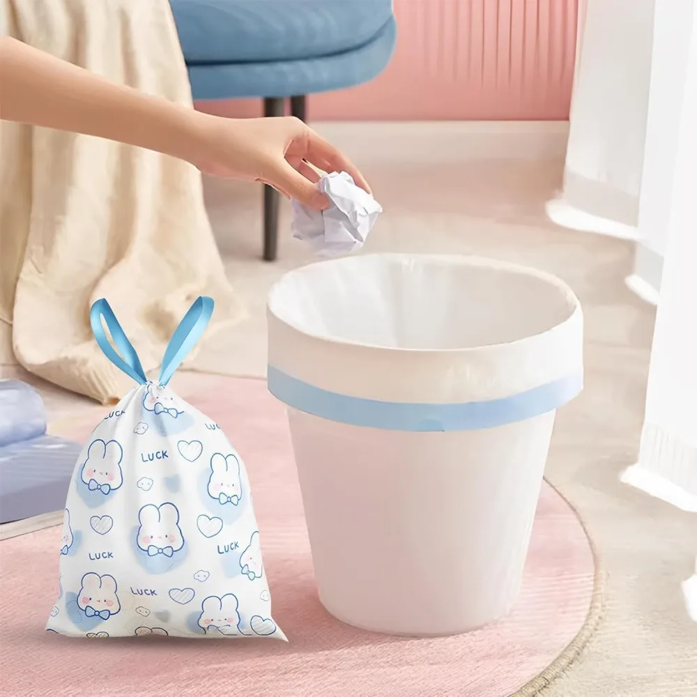 1 Pack 100 Pcs Cute Lucky Rabbit Drawstring Trash Bags, Thick Leakproof Printed Disposable Garbage Bin Liners, Portable Kawaii Waste Bags for Kitchen Bedroom Bathroom Dorm Travel Gift