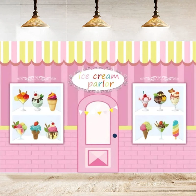 Ice Cream Parlor Shop Photography Backdrop Summer Pink Sweet Candy Princess Girl Baby Shower Birthday Party Background Banner