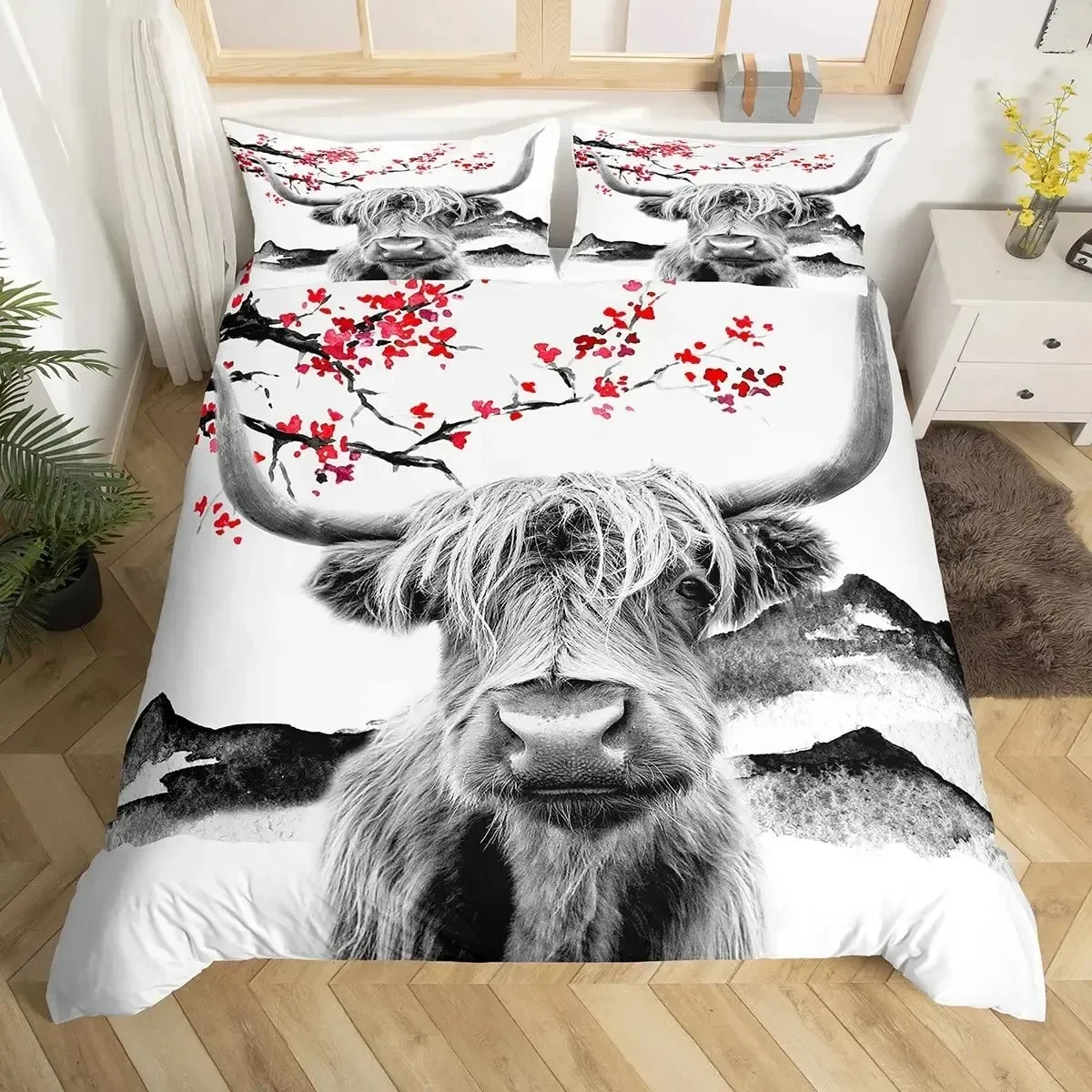 Highland Cattle Floral Cow Yellow Sunflower Animal Bedding Set Boys Girls Twin Queen Duvet Cover Pillowcase Bed Kids Adult
