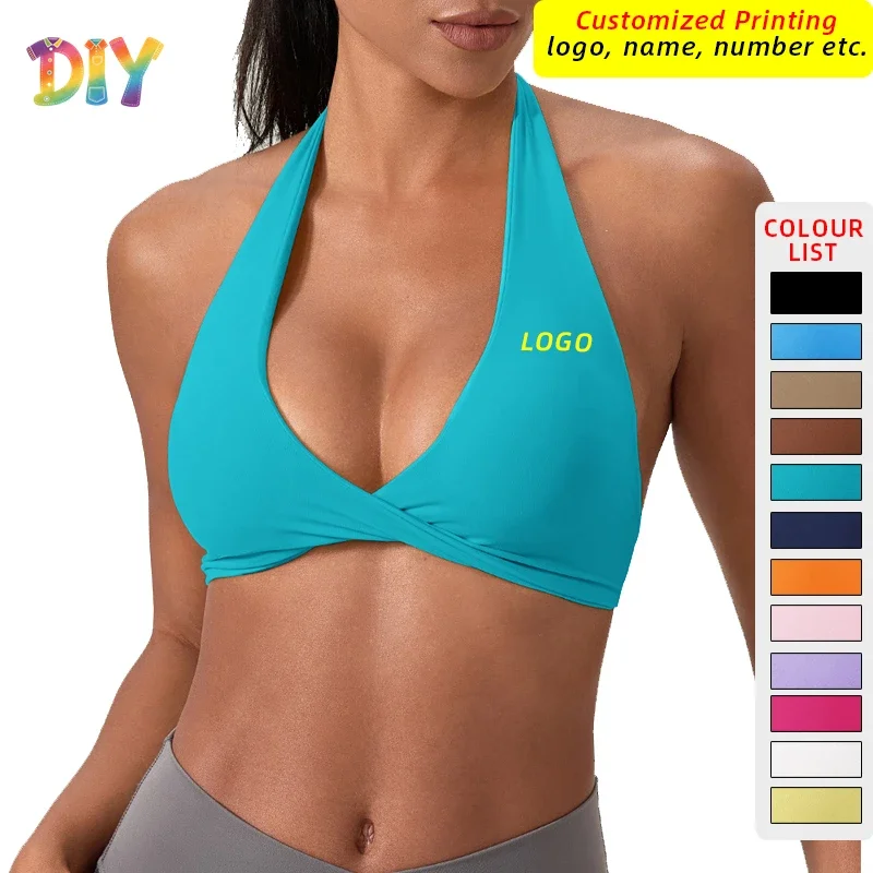 Women Customize LOGO Impact Sport Bra Halter Tank Top High Support Push Up Open Back Gym Fitness Yoga Workout Vest Removable Pad
