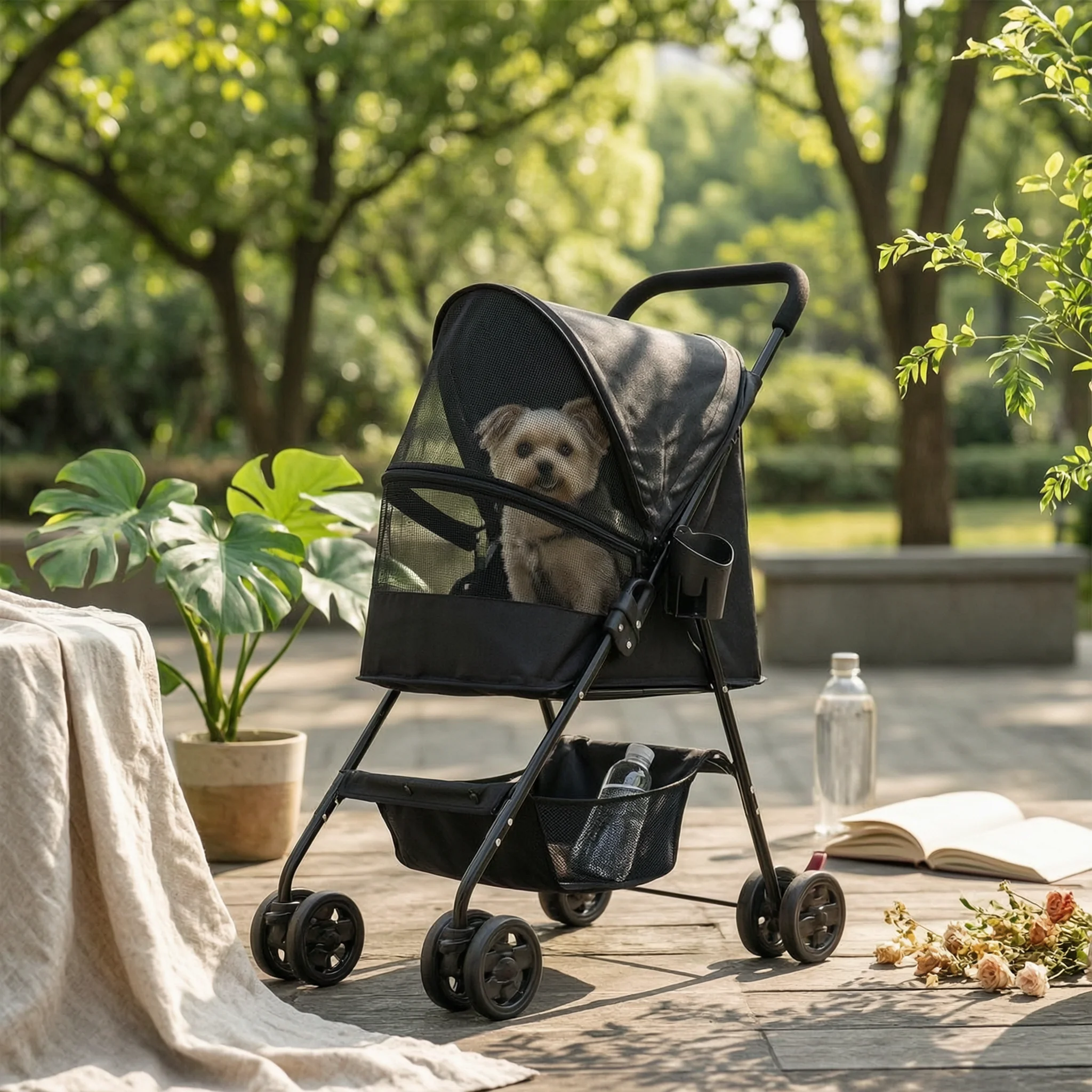 Pet Stroller with Cup Holder Foldable Pet Stroller with Storage Basket Compact Smooth-Rolling for Small Dogs, Outdoor Walks