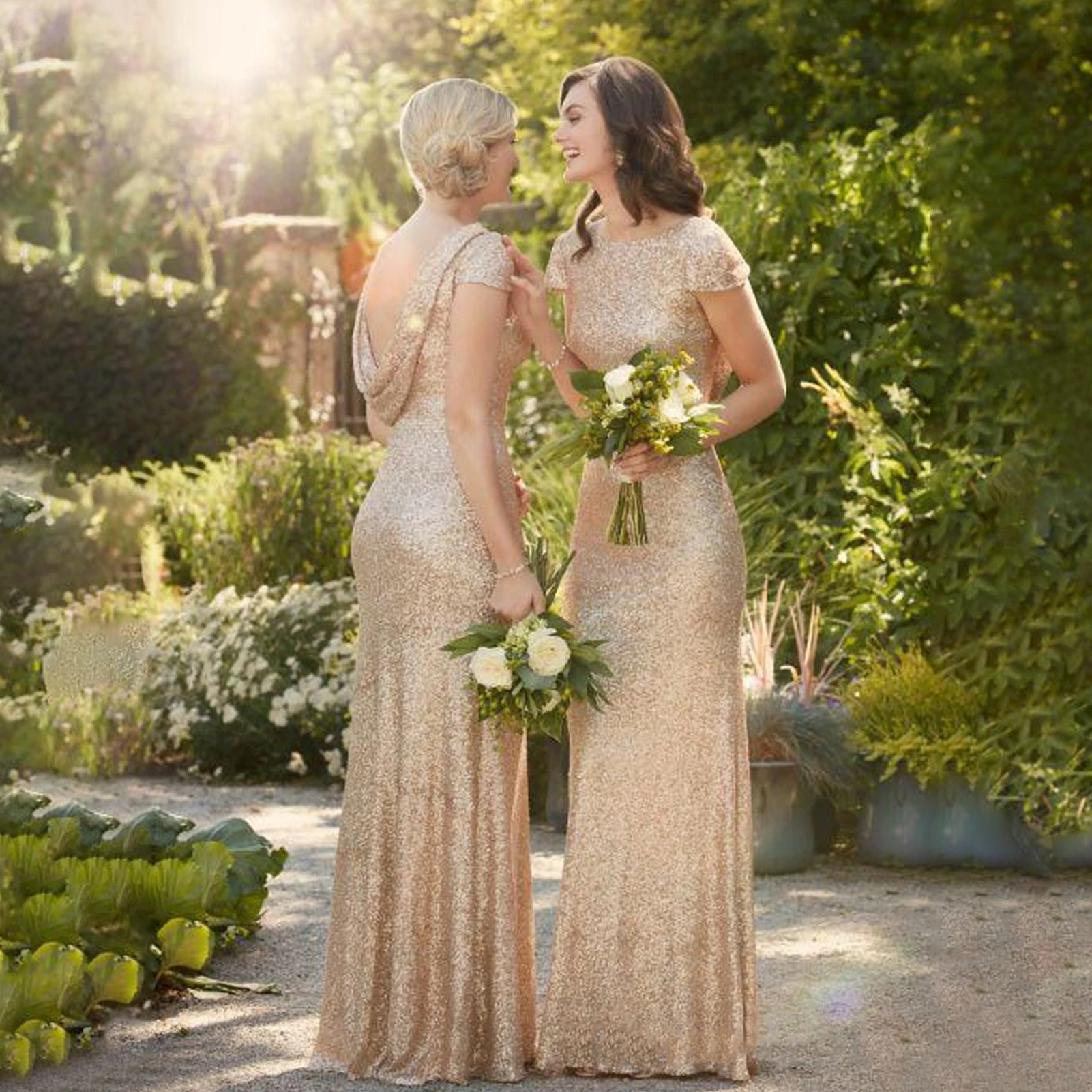 Vestido brillante de manga corta para dama de Honor, prenda de lujo con lentejuelas y cuello redondo, longitud hasta el suelo, para fiesta de boda