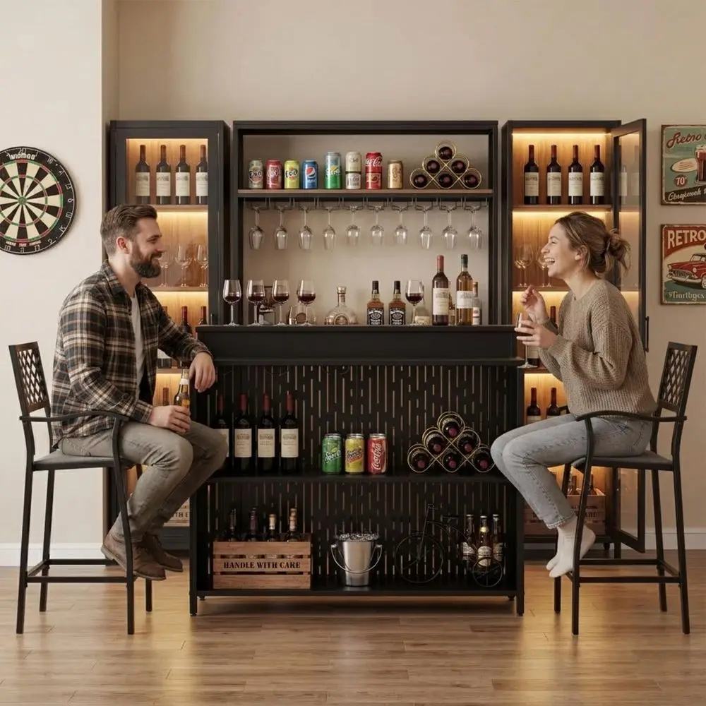 Stylish Black Home Bar Cabinet with Storage Shelves