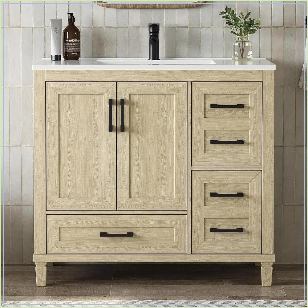 36 Inch Bathroom Vanity with Sink, Oak Finish, Single Sink Vanity Cabinet for Bathroom