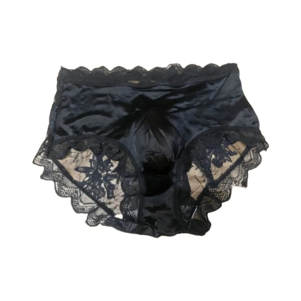 Men Satin Embroidery Floral Lace IceSilk Briefs Underwear 3D Bulge Pouch Panties Erotic Bottom Male Lingerie Tanga