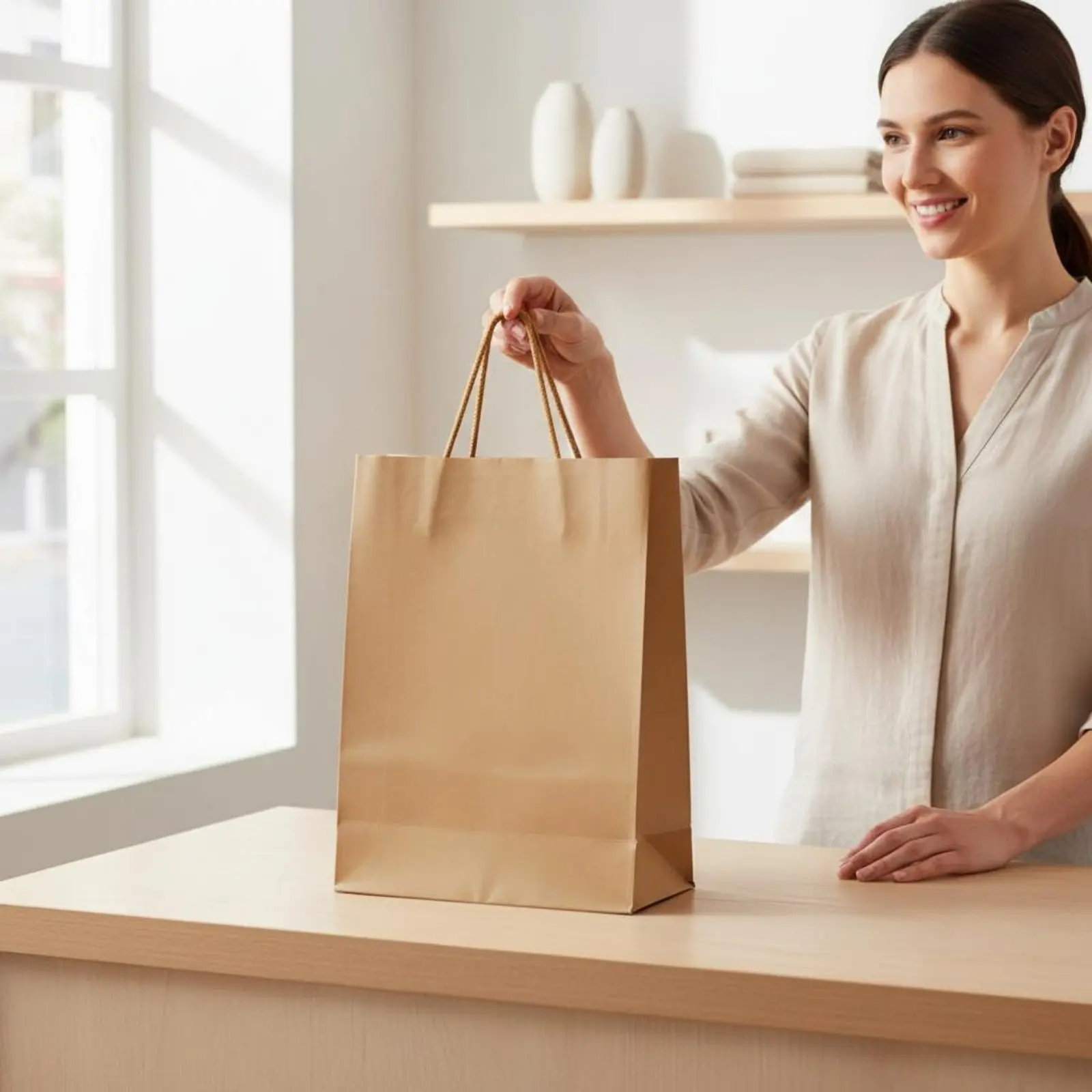

Paper Bag with Handles Sturdy Construction Kraft Paper Tote Bag Laminated Finish Versatile for Businesses