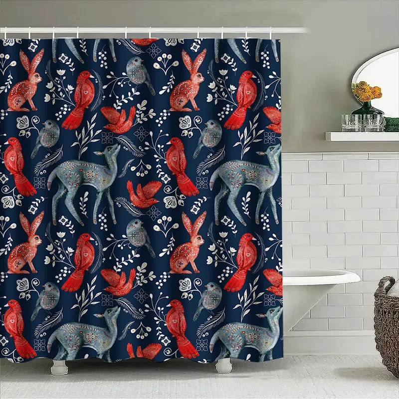 

Vintage Red Flower Birds Print Shower Curtain for Bathroom Decor in Navy Blue Fabric Waterproof Home Supplies