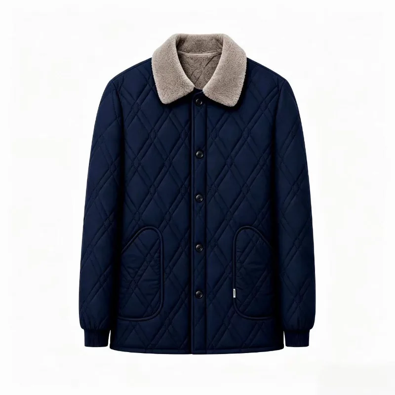 Men's Warm Jacket Fleece Lined Splicing Lapel Single Breasted Windbreaker Coats Casual Loose Cold-proof Cotton-padded Coat‌