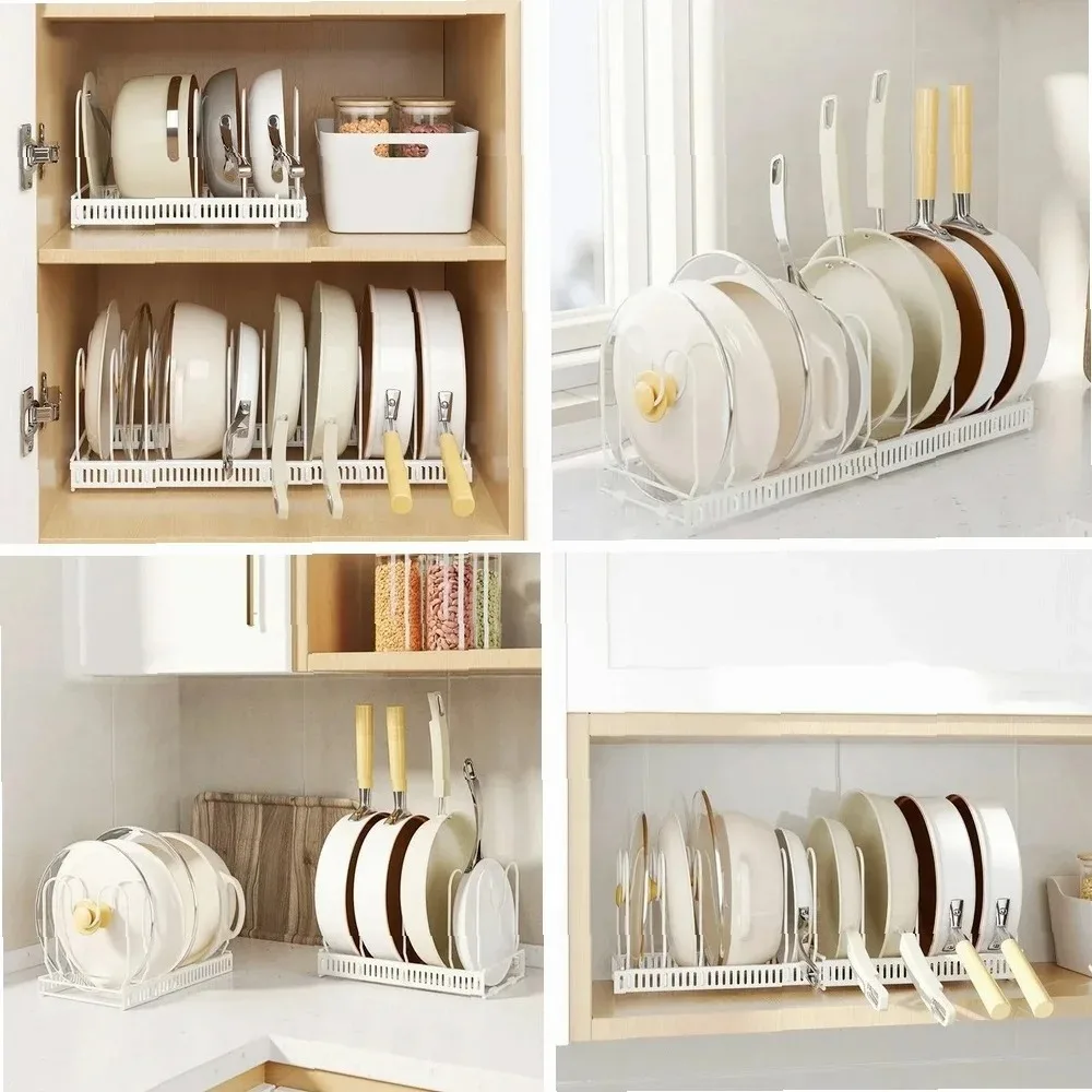 

Retractable Pot Rack, Adjustable Dish Drying Rack for Cookware, Multi-Layer Carbon Steel Plate Storage Organizer