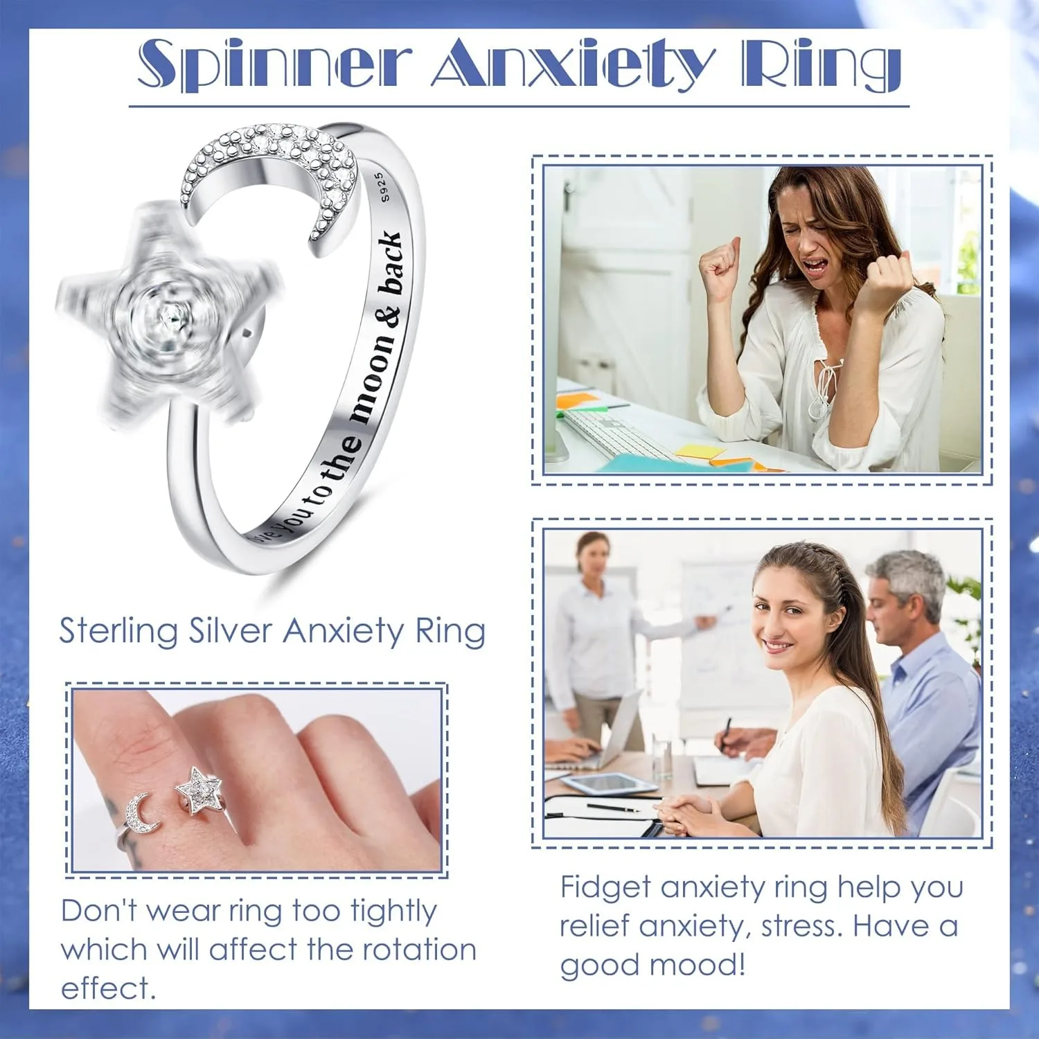 ORAZIO 925 Sterling Silver Spinning Fidget Rings for Anxiety Relief Star Moon Design Cubic Zirconia Stones  Adjustable for Women