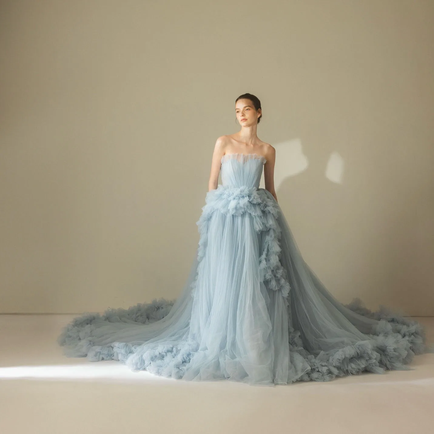 Dreamlike Light Blue Tulle Long Evening Dresses With Ruffles Trimmed Details Volume Tulle Fomal Party Dress Wedding Gowns