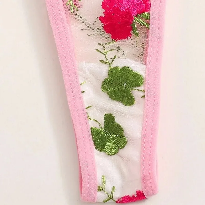 เซ็กซี่สามจุดชุดผู้หญิงชุดนอนดอกไม้เย็บปักถักร้อยจีสตริงบราเลตต์ชุดชั้นในไร้รอยต่อเชียร์ เลนเซอรีเอเสื้อผ้าเร้าอารมณ์