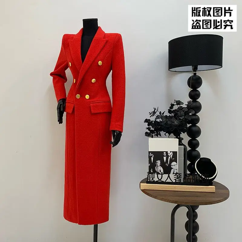 Luxury High-quality Long Wool Coat Women Slim Coat Lapel Double-breasted Design Trench Coat Long Sleeves Office Lady Outerwear