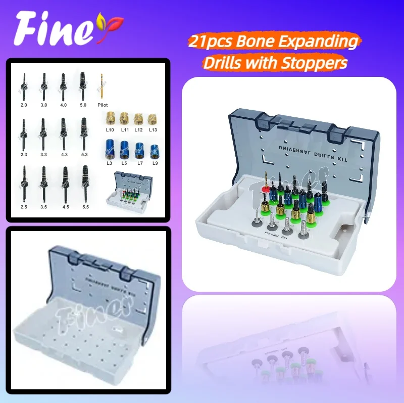 

Finer Dental Osseodensifcation Burs Titanium 21pcs Osseodensifcation Dental Implant Kit with Stoppers Dental Implant Drills