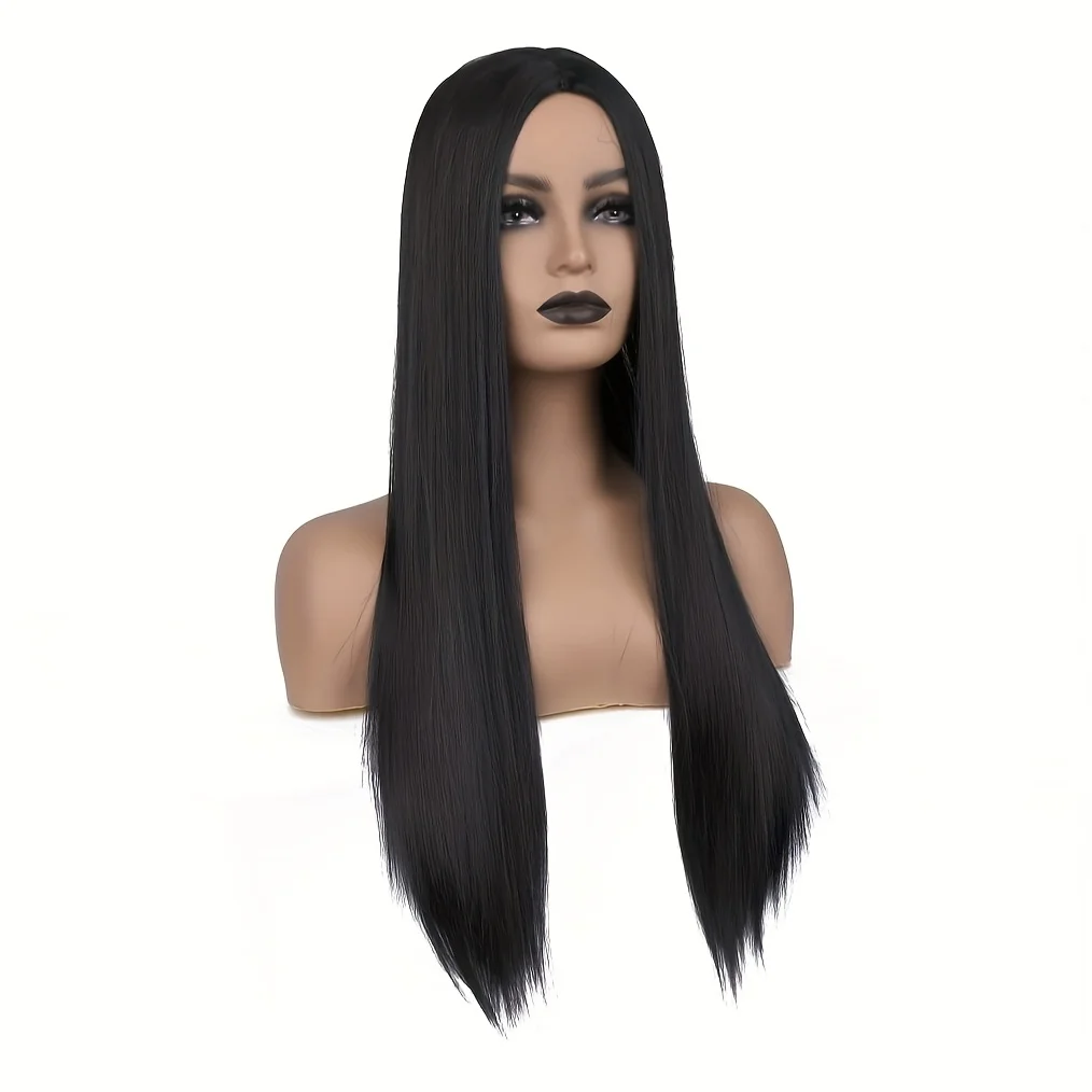 Synthetic heat-resistant wig, black long straight hair, 26-inch length, made of chemical fiber