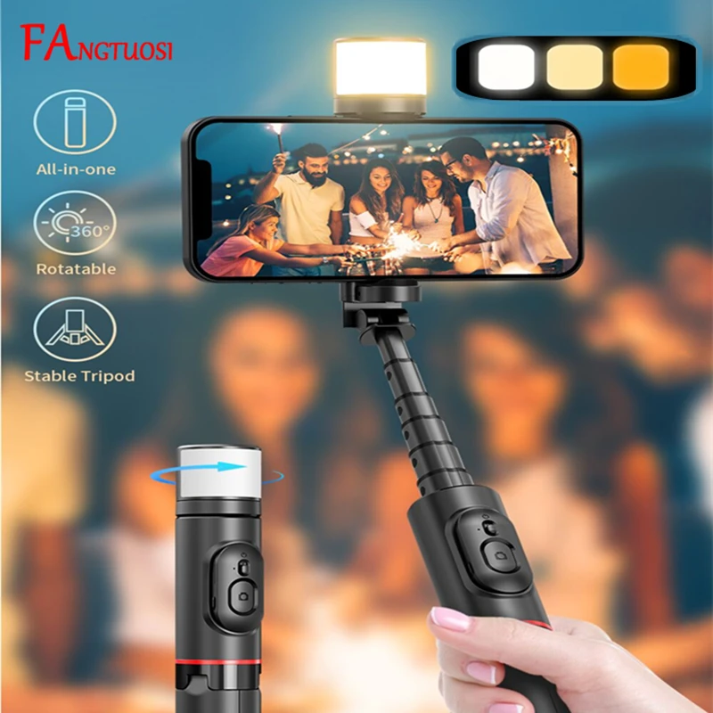 FANGTUOSI 2024 NEW Portable Wireless Bluetooth Phone Telescopic Selfie Stick Tripod With Fill Light For Huawei iPhone 15 Android