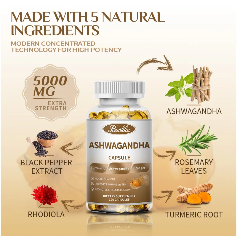 BUNKKA Ashwagandha 5000 mg Vegetarian Capsules Pure Ashwagandha Root Extract For Mood Stress Brain&Memory Blood Sugar Balance