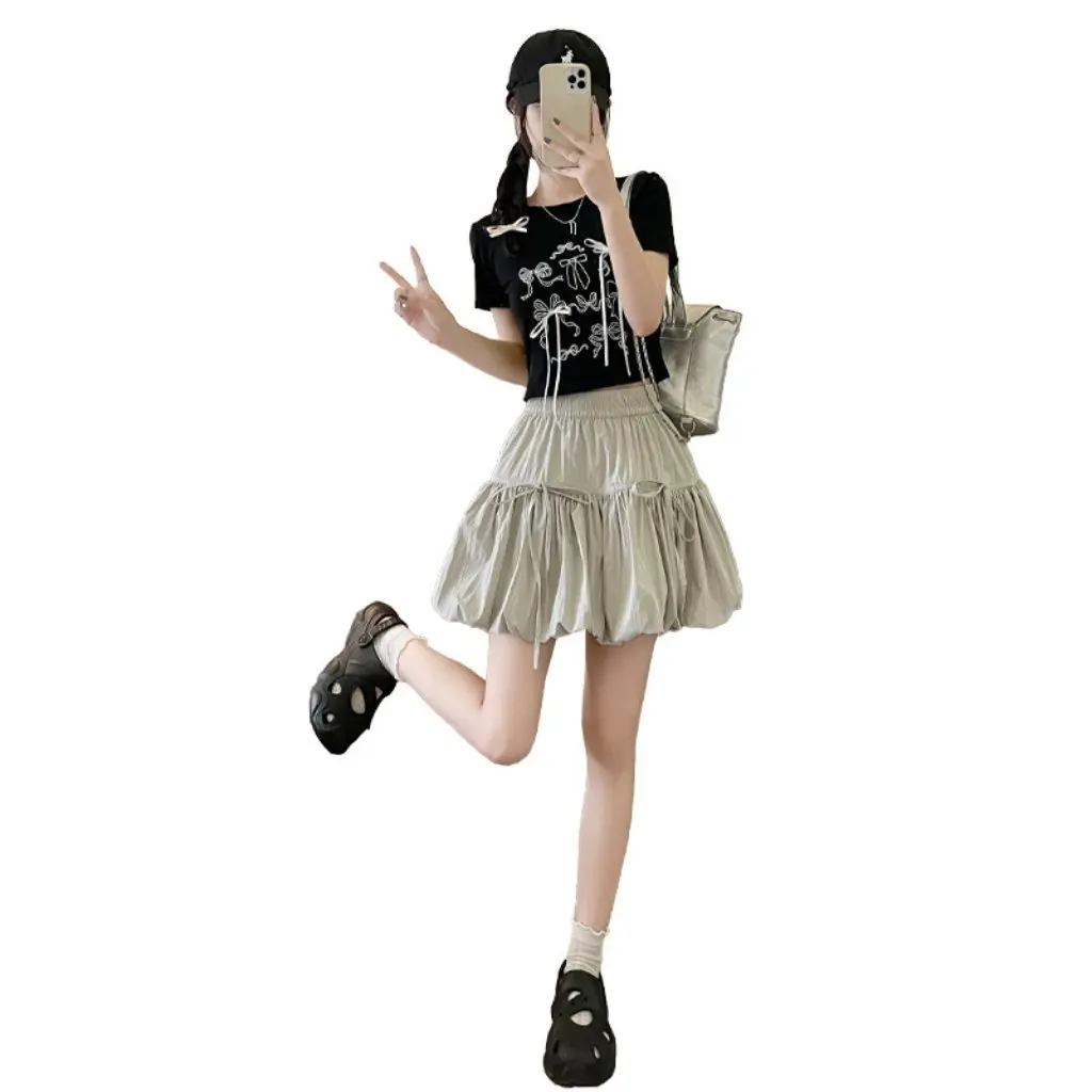 

Flower Bud High Waist A-Line Short Skirt for Women Summer College Style Ponte Skirt Sweet Cool Lantern Anti-Light