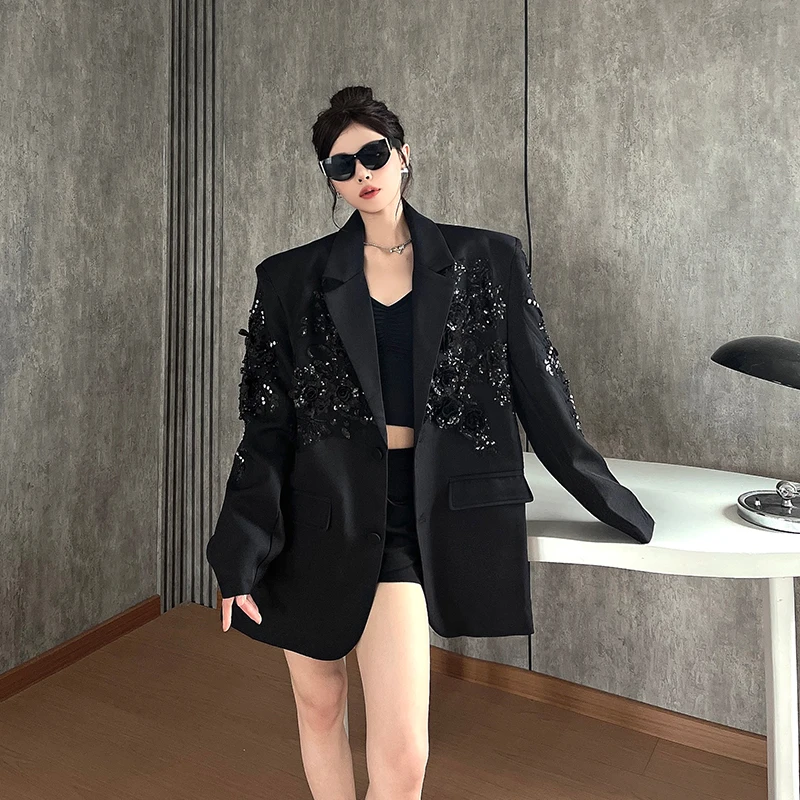

SuperAen Black Suit Jacket for Women Three-dimensional Embroidered Sequined Design Oversize Casual Loose Blazer