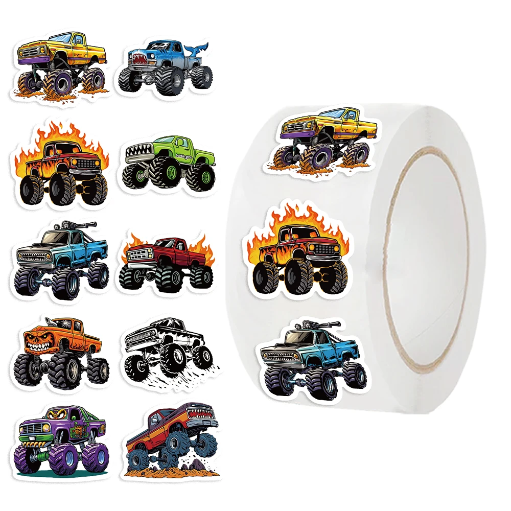 500PCS Kids Cartoon Monster Truck Stickers Roll Various Styles Cute Car Decals Teacher Rewards Kindergarten Crafts Toys Decals