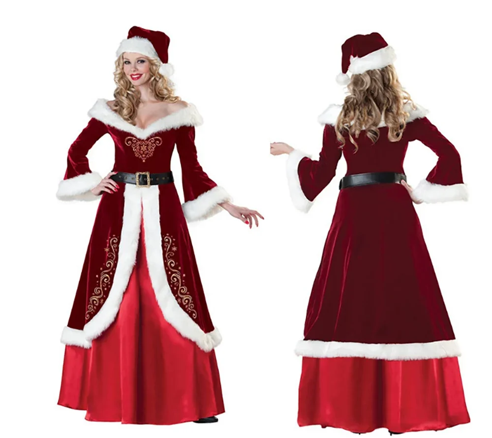 Disfraz clásico de lujo de Navidad de señora Claus, fiesta de Navidad, disfraz de Papá Noel, vestido rojo para mujer, vestido de fiesta de Carnaval de Reina de Navidad