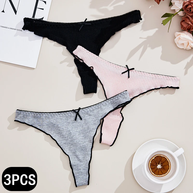 3Pcs Women\'s Thong Low-rise Panties Solid Color Cotton Lingerie Sexy Thongs Fashion Casual Underwear Comfort Fit Women\'s Tangas