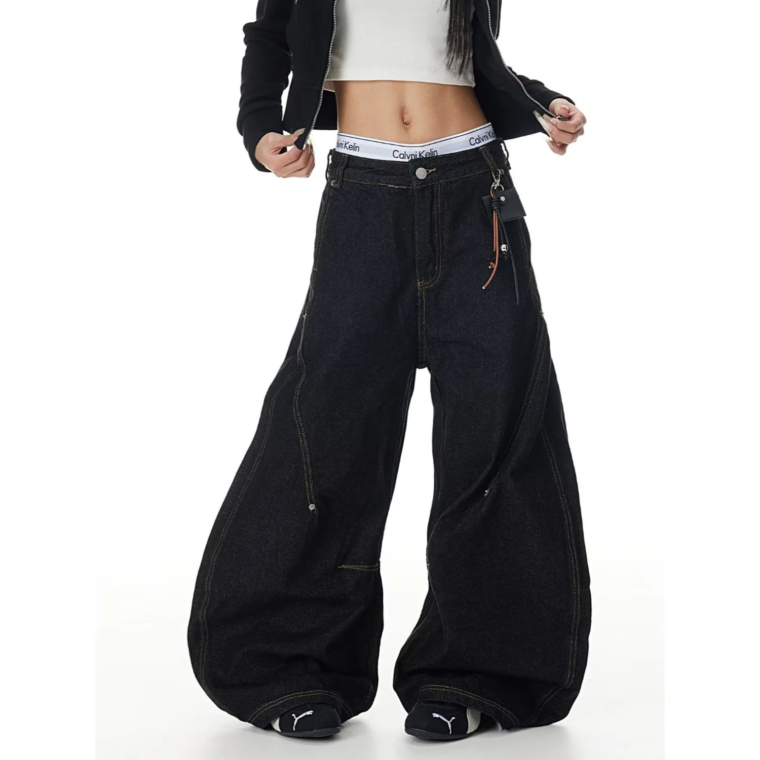 レディース ゴシック ブラック カーゴ デニム ジーンズ Y2K 原宿 ハイウエスト ワイドレッグ パンツ ストリート アメリカン レトロ スタイル ハイファッション