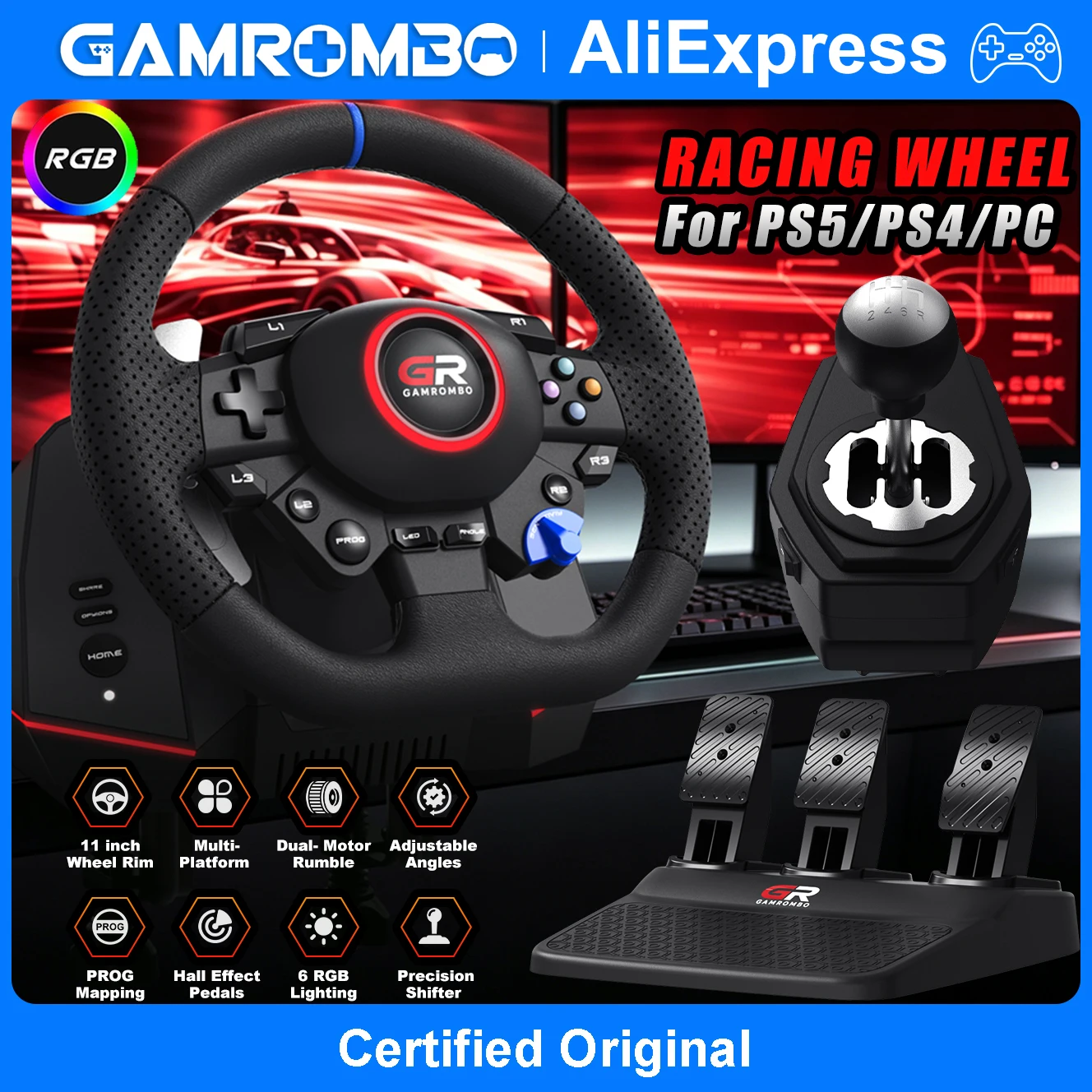 Racing Wheel For PS5/PS4/PC,RGB 270°&900° Gaming Steering Racing Dual Vibration Hall Effect Linear 3 Pedal Game Racing Simulator