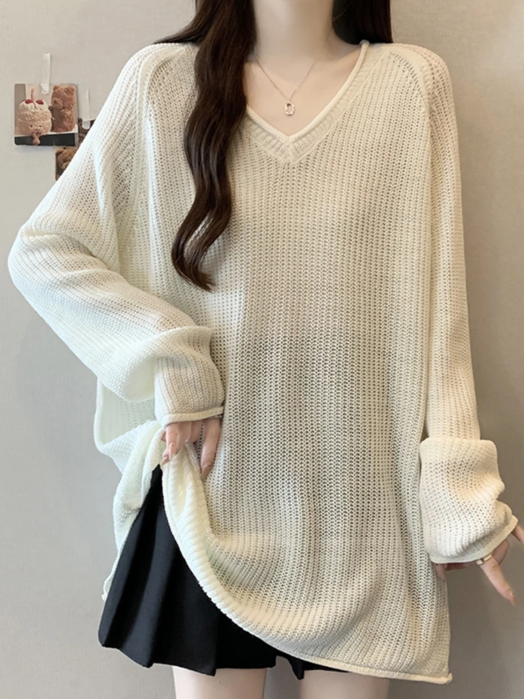 

Модный свободный длинный трикотажный топ для женщин на осень-зиму, больших размеров, облегающий, базовый слой, с V-образным вырезом, повседневный, удобный