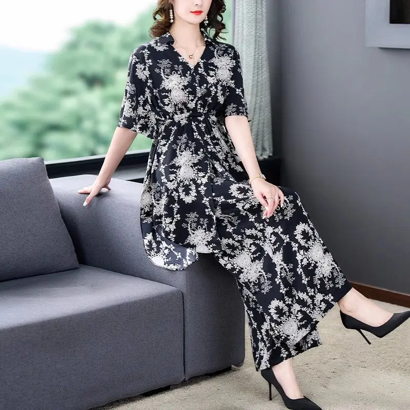 Summer Large Size Women's Fashion Print Top Wide Leg Pants Two Piece Casual Set V-Neck Long Shirt And Trousers Outfits Z1419