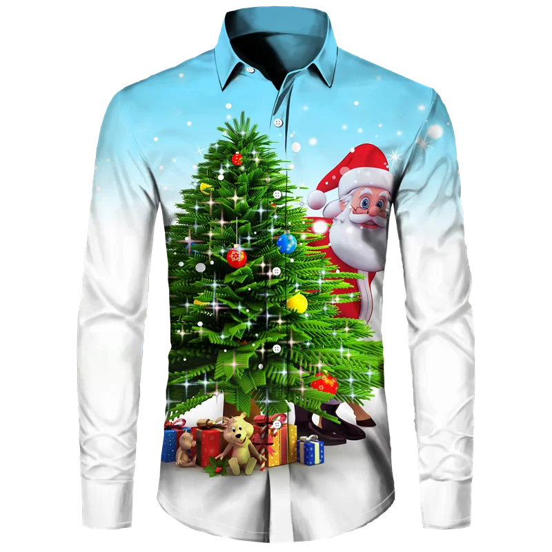 Camisa hawaiana con temática navideña para hombre, camisa informal de manga larga con estampado de flores en 3d, árbol de Papá Noel, Y2k