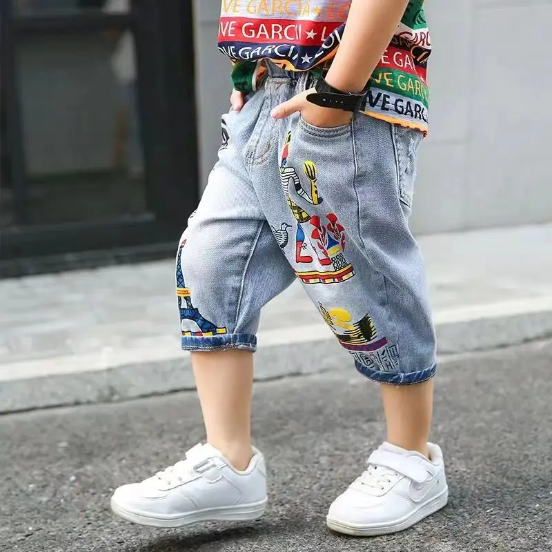 Loose Jean Shorts for Kid Boby Summer Casual Cartoon Printed Denim Short Children Cotton Short Pant For Teen Boy 2 4 6 8 10 12Y