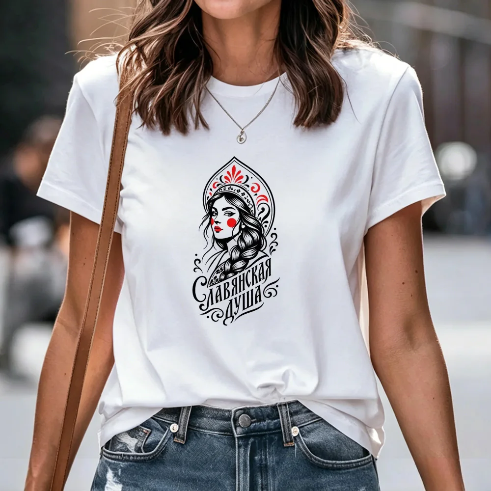 Women T-shirt Russian Folk Slavic Graphic Print Multiple Patterns Matryoshka Doll Letter Tee Casual Short Sleeve Cotton Tops
