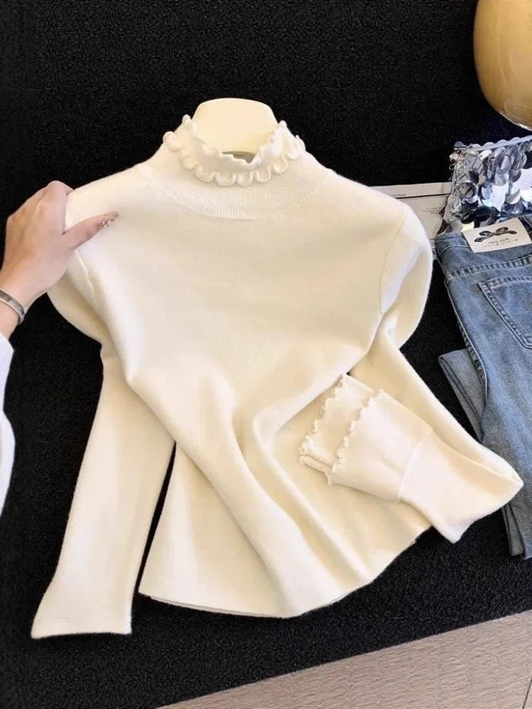 Fashion Soft Comfortable Sweater Women Autumn New Black Fungus Edge Knitted Base Shirt Solid Color Simple Versatile Pullover