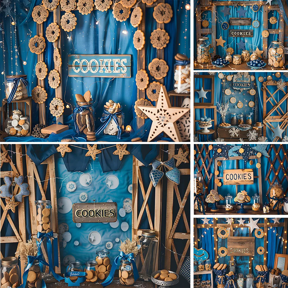 Mocsicka Photography Background Boy Cookie 1st Birthday Theme Party Backdrop Decor Blue Curtain Kid Cake Smash Studio Photobooth