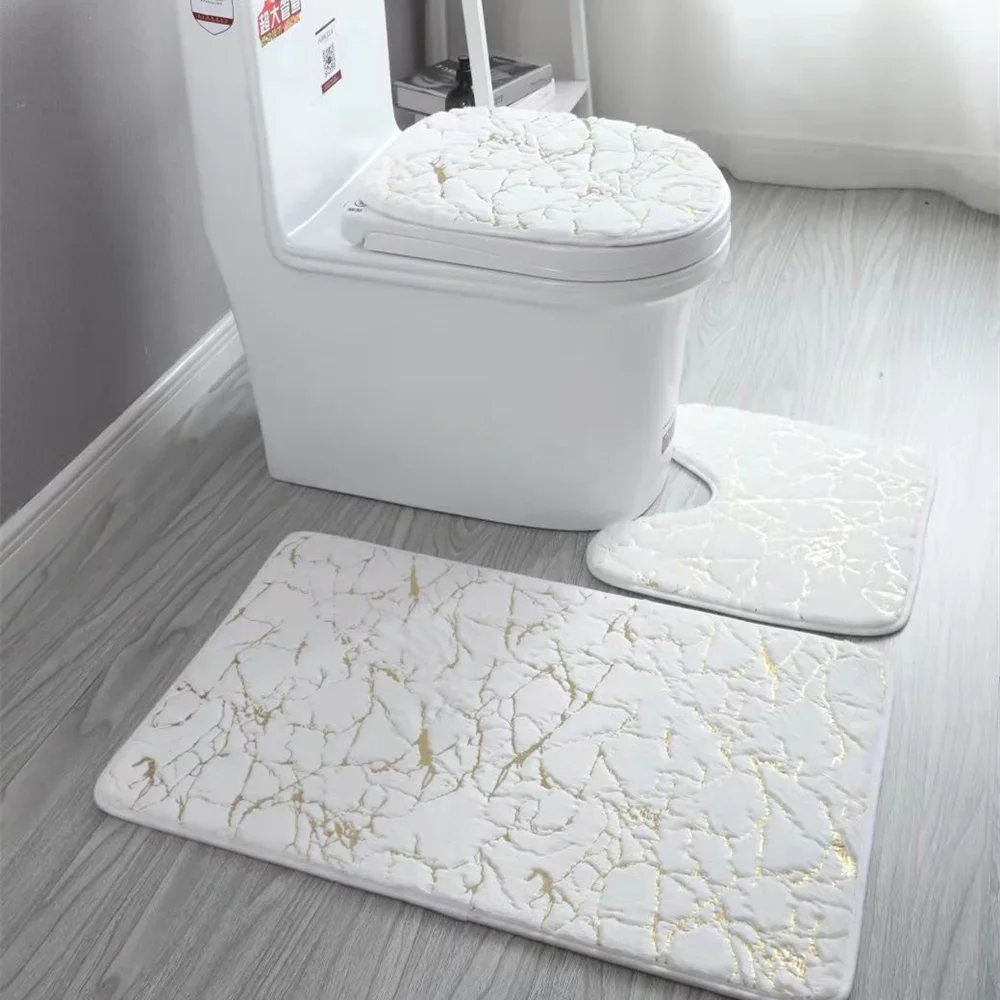 3PCS Non-slip Soft Bathroom Mat Toilet Cover Carpet Three-piece Polyester Soft Breathable Washable Reusable Bathroom Carpet Set