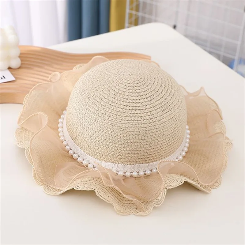 1 Piece of Clothing Children Fashion Cute Lace Pearl Decoration Foreign Style Princess Summer Sun Sunscreen Fisherman Hat