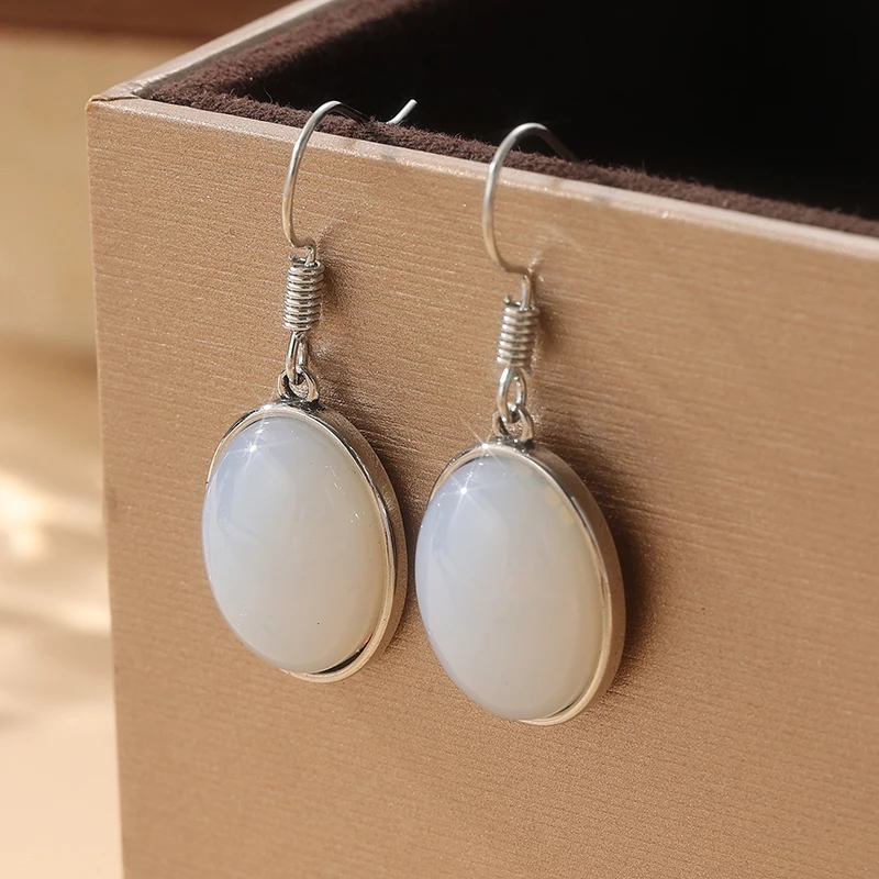 Simple Fashion Silver Color Metal Oval Inlaid Imitation Moonstone Dangle Earrings for Women Jewelry