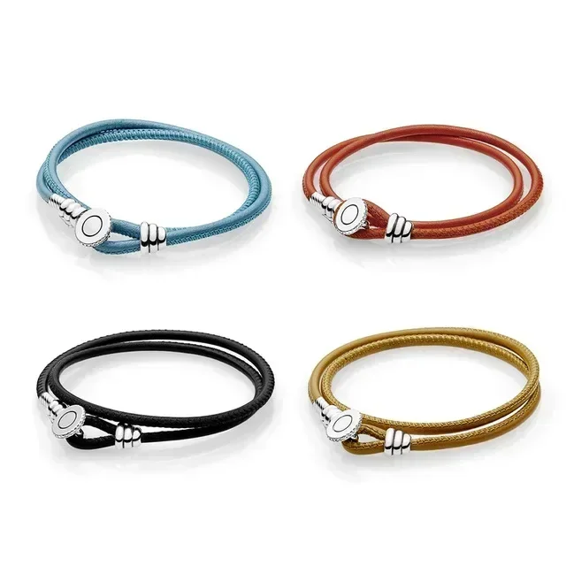 

NEW 2018 NEW 925 Sterling Silver Moments Black & Golden Tan & Spicy Orange Double Leather Bracelet With Button Clasp Gift