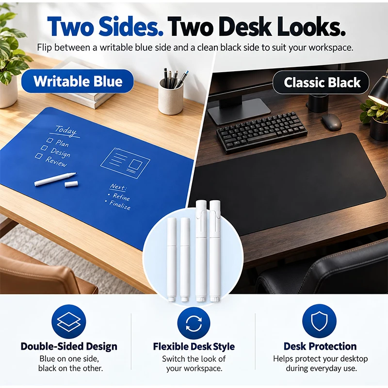 Double Sided Desk Mat Reusable Erasable Writing Pad Portable Rounded Corners PU Leather Drawing Doodle Mat for Home Office