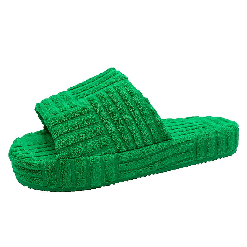 Luxury Brand Peep Toe Thick Sole Women Slippers Green Corduroy Flat Outwear Ladies Slides Summer Autumn Runway Flip Flops Women