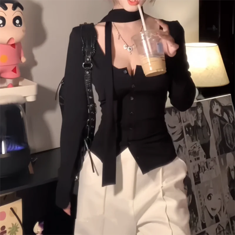 

Однотонная футболка с квадратным воротником на пуговицах, корейская модная женская тонкая футболка, сексуальная узкая футболка с длинными рукавами y2k Aesthetic