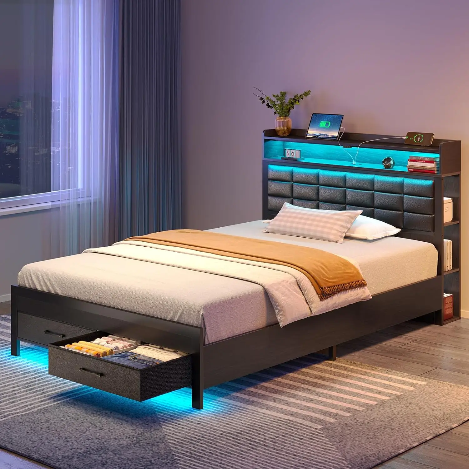 Bedframe twin-size met opberghoofdeinde en 2 lades, gestoffeerd platformbed met laadstation en LED-licht, Heavy Du