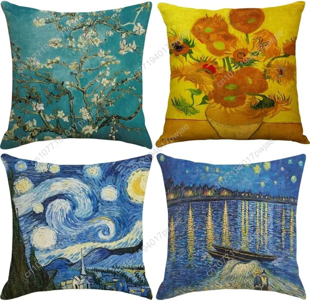 

IcosaMro Throw Pillow Covers Set of 4 Famous Painting Art 18x18 Decorative Pillow Cases Square Zippered Cotton Linen Cushion Cov