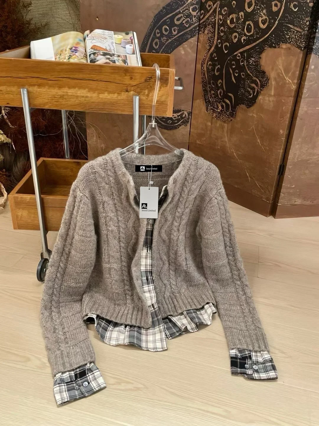 Heavyweight Tassel Knitted Plaid Patchwork Cardigan Fake Two-Piece Vintage Color Blo Knitwear Dung Version Women's Sweater