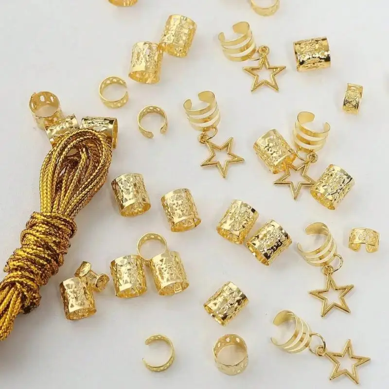 36/41PCS Gold Metal Hair Braid Accessories Hollow Star Pendants Adjustable Rings For Festivals Parties Daily Hairstyle Decor