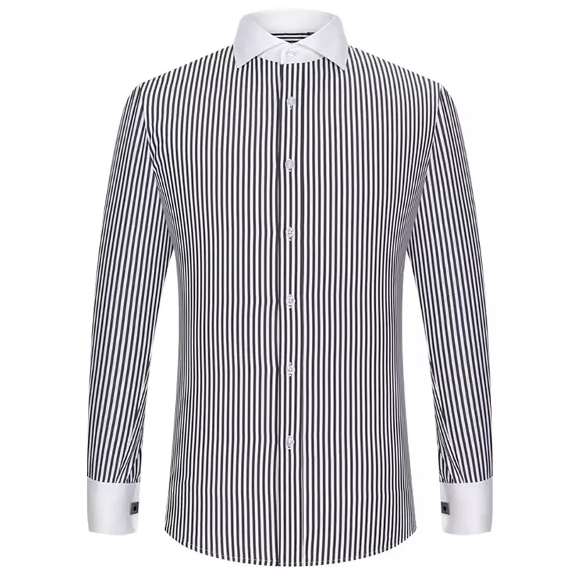 New Arrival Men's French Cuff Striped Shirt Stylish Collared Long-Sleeved Casual Shirt European Sizes Trendy Versatile Style