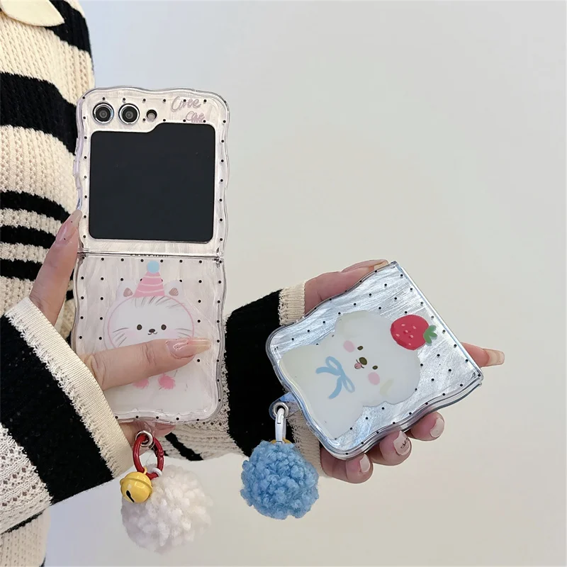 

Cartoon Cat Dog Pendant Phone Case For Samsung Galaxy Z Flip 3 4 5 Wave Shockproof Cover For Samsung Z Flip3 Flip4 ZFlip5