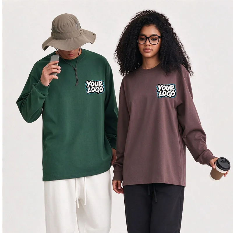 Custom Print Logo Fall 100% Cotton Unisex Long Sleeve Tee, Round Neck Loose Fit T-shirt Comfort Basic Top for Daily Street Style